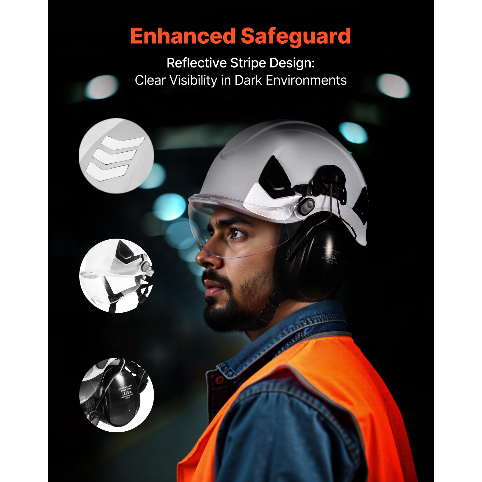 KFFKFF Industrial Safety Helmet, ANSI/ISEA Z89.1 Certified ABS Hard Hat with Visor & Earmuffs, 6-Point Adjustable Suspension, Vented Design for Men & Women, Suitable for Outdoor Construction Work