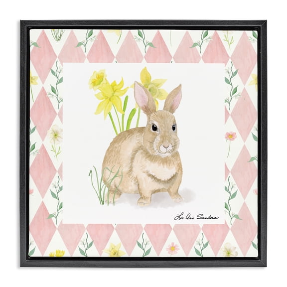 Bunny on Pink Argyle Black Framed Floater Canvas Wall Art, design by Lee Ann Sanders