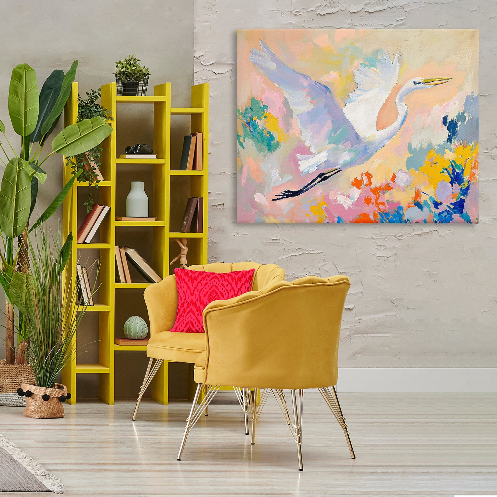 Stupell Industries Heron & Abstract Botanicals Animals & Insects Painting Gallery Wrapped Canvas Art Print Wall Art, 48 x 36