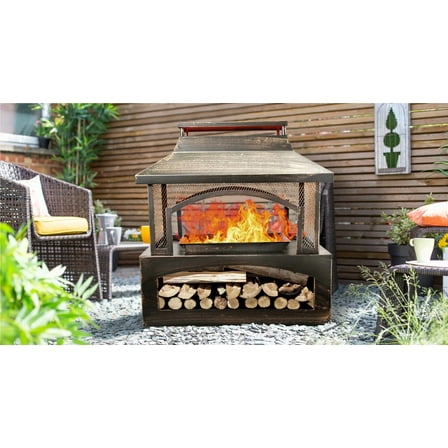 37-Inch Steel Outdoor Wood Burning Fireplace with Built-In Log Storage & Spark Screen - Durable Fire Pit for Backyard & Patio Gatherings