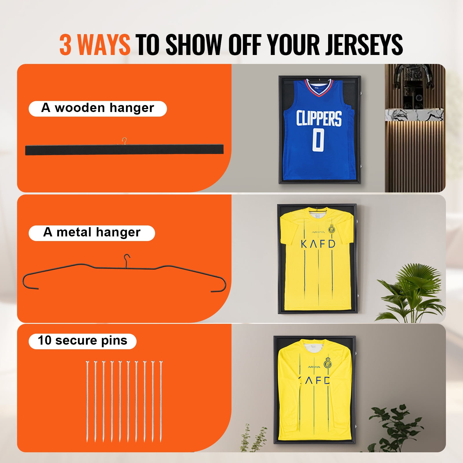 KFFKFF Lockable Jersey Frame Display, 24x32x1.5 inches, Spacious Sports Memorabilia Shadow Box with PC Glass for 98% UV Shielding, Includes Hangers, Suitable for Various Sports Apparel, Black