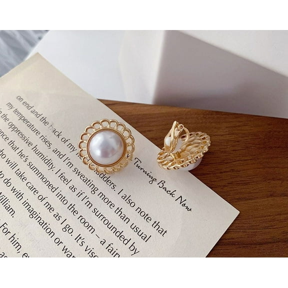 Clip on 1" small white pearl earrings with gold cutout edges