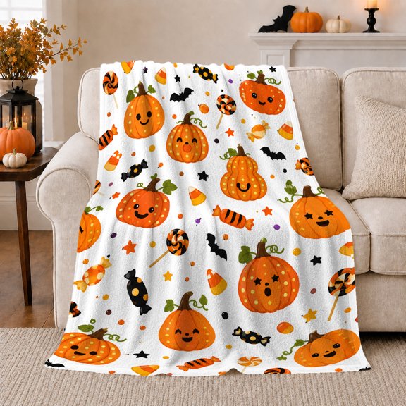 Smiling Pumpkins Scattered Among confection illustrations And Bats, Soft Flannel Blanket with Cheerful Cartoon Repeat Print, Housewarming Gift and Home Decor for Bedroom and Living Room