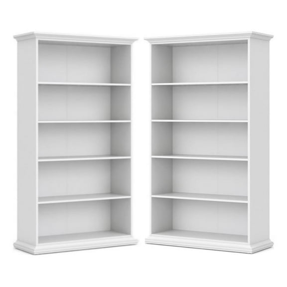 Home Square 5 Shelf Modern Wood Bookcase Set in White (Set of 2)