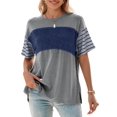 thumbnail image 2 of Womens Summer Oversized 2025 Crewneck Casual Color Block Striped Shirts Blouses Blue L, 2 of 9