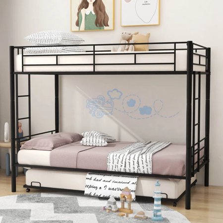 YANSION Kids Twin Over Twin Metal Bunk Bed with Flat Ladder & Safety Guardrail  Heavy Duty Bunk Bed Frame  Convertible Trundle Bunk Bed Frame for Dorm  Bedroom  Guest Room  Black