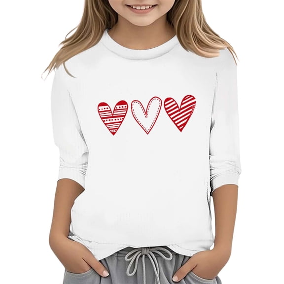 Fshinging Tops Tees Fot Toddler Girls Casual T Shirts Valentine's Day Print Functional Crew Neck 3/4 Quarter Sleeve Top Athletic Tops Tees