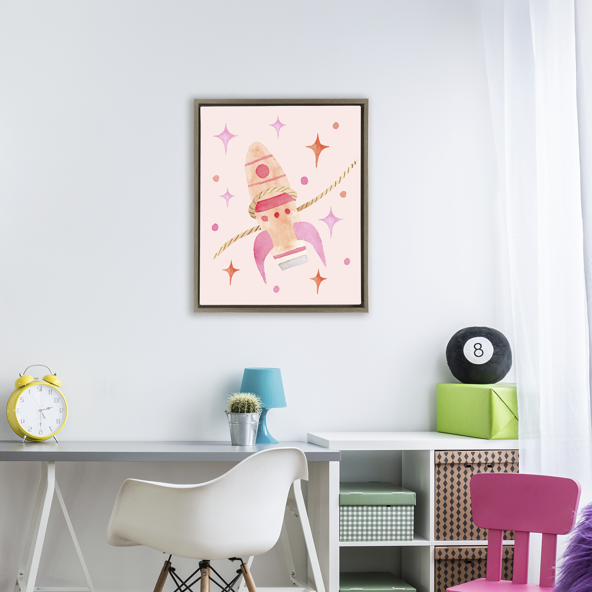 Lasso Rocket Ship Brown Framed Floater Canvas Wall Art, design by Nina Jacobs