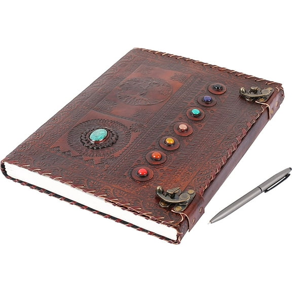 OVERDOSE Tree with 8 Stone Vintage Leather Journal - Handmade Antique Journal For Students & Office For Men Women Diary Leather Sketchbook Drawing - Size 10 X 13 Inches | 25 X 33 cm