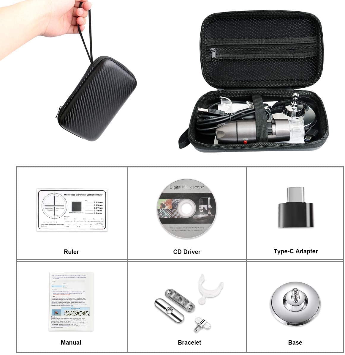 USB Microscope Camera with Stand & Carrying Case, Digital Microscope Compatible with Android Windows Linux Mac, Portable Magnifier Camera for Kids Students Adults(Not for iPhone/iPad)