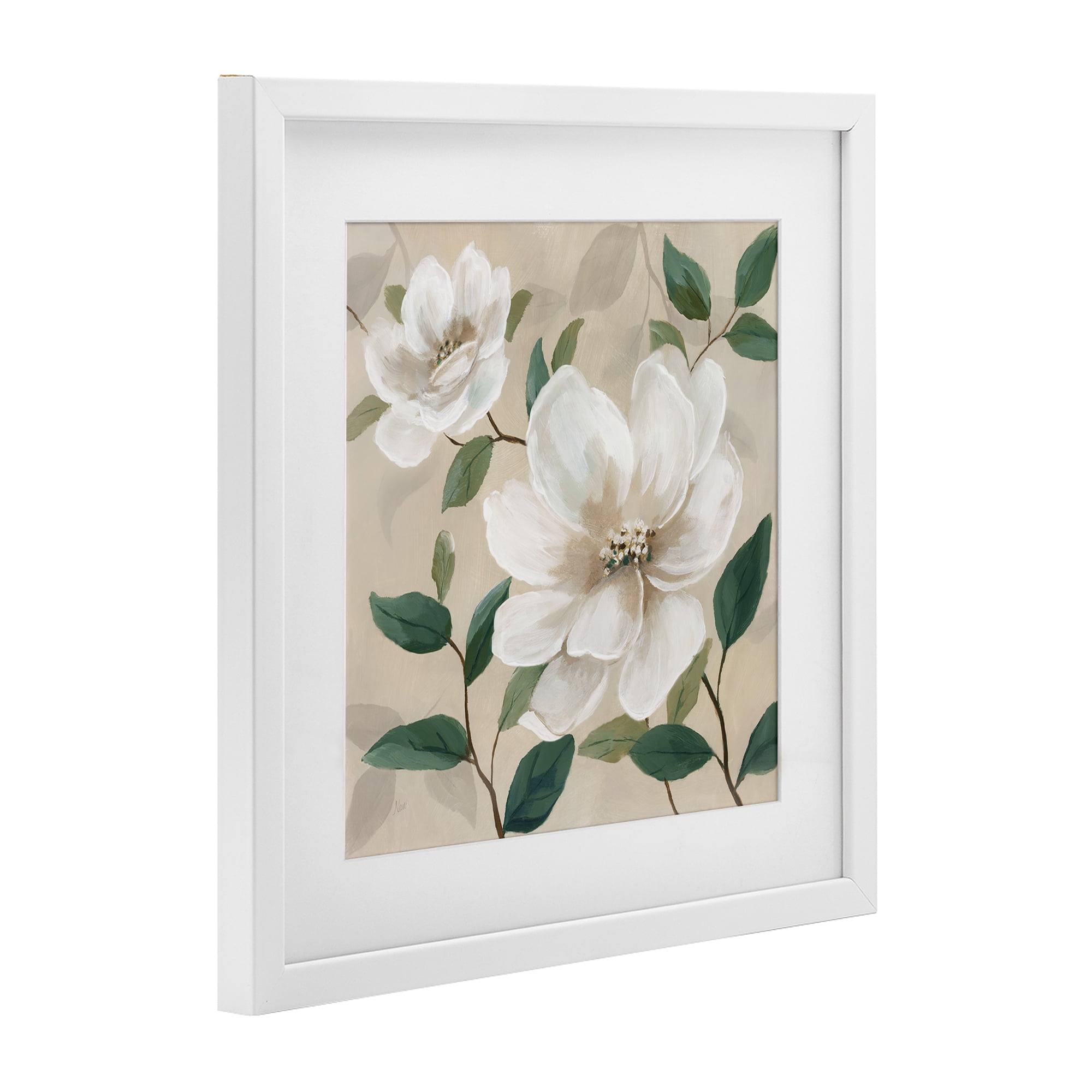 Stupell Industries Serene White Blossom with Leaves White Framed Print Under Glass, design by Nan
