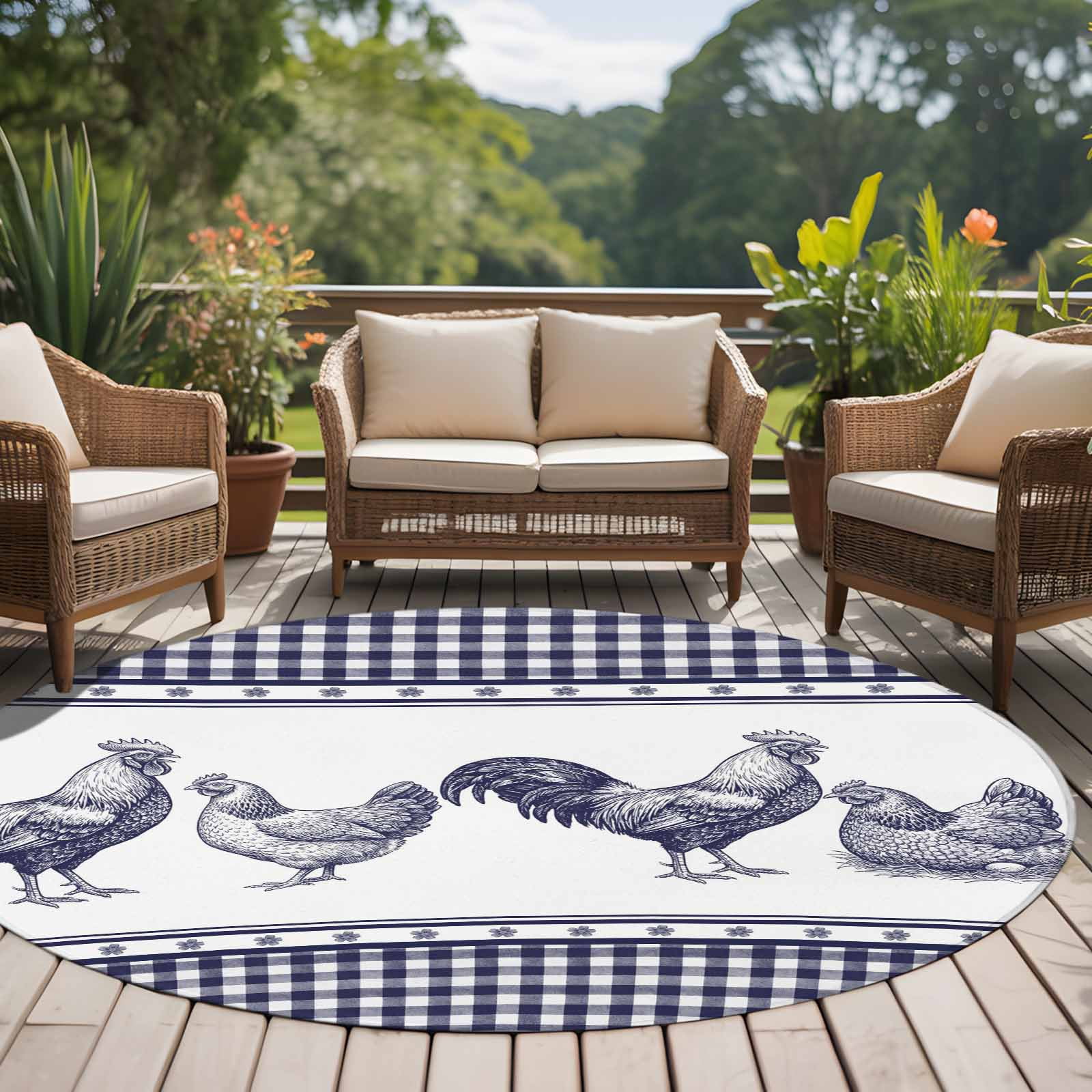 Navy Blue Rooster Round Area Rug 5Ft Washable Circle Rugs for Living Room Bedroom, Vintage Farmhouse Blue Plaid Non-Slip Carpet Floor Mats Indoor Outdoor Carpet Runner Aesthetic Home Decor