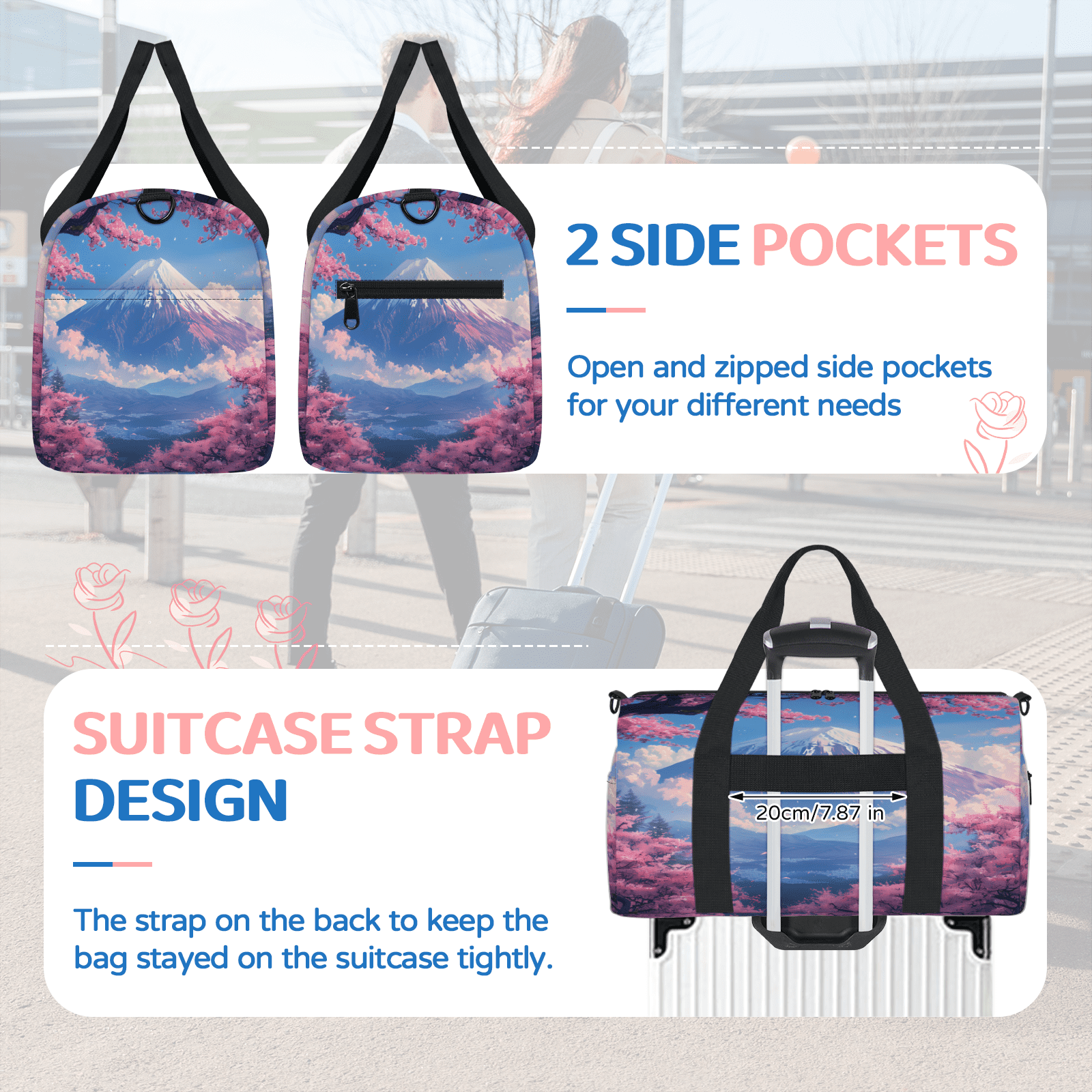Herdesigns Asian Japanese Travel Duffle Bag Sports Yoga Weekender Overnight Carry on Workout Bags Lightweight Waterproof Gym Tote Bag for Women Cherry Blossom Mount Fuji
