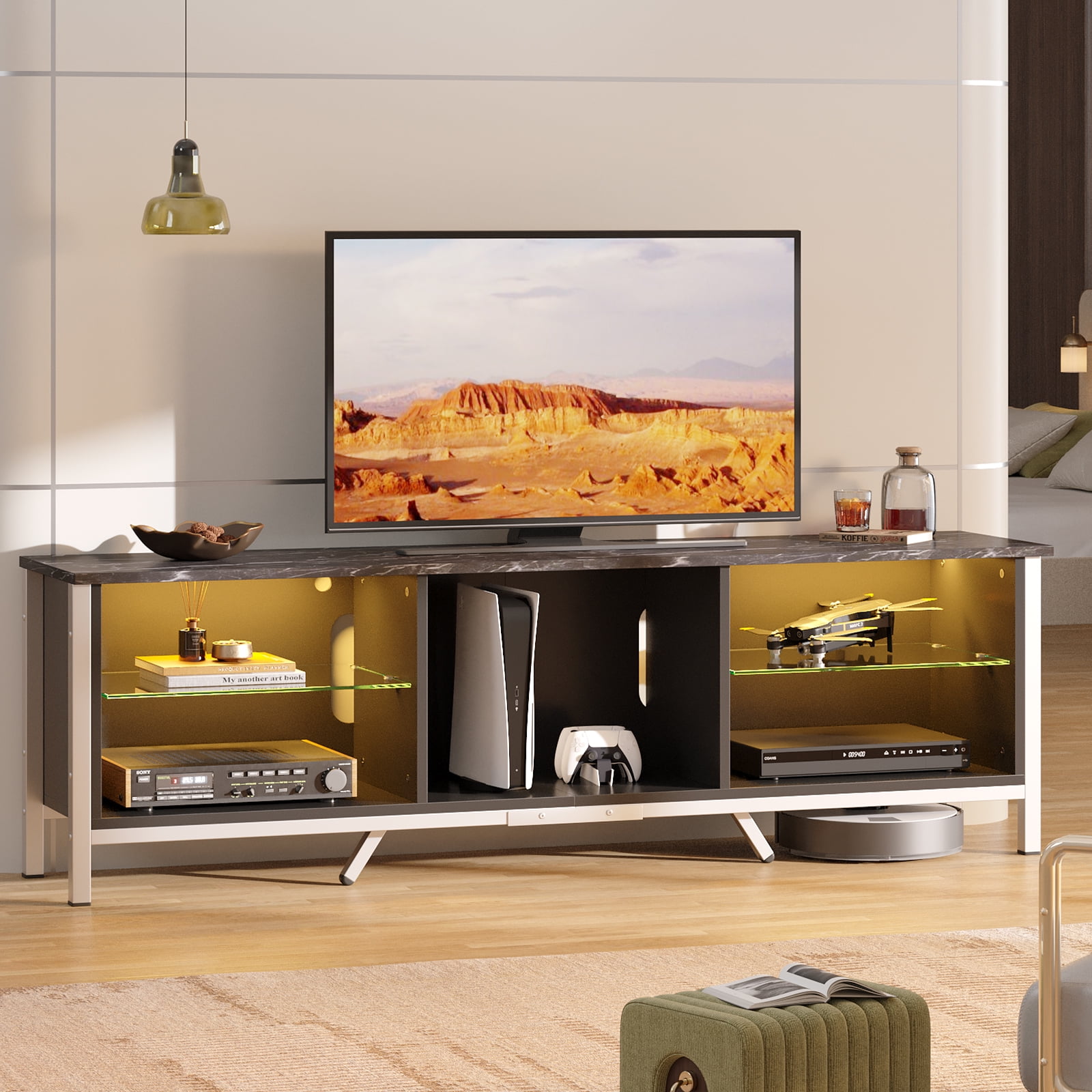 Bestier 70" TV Stand for TVs up to 80" with LED Lights Modern Gaming Entertainment Center, Black Marble