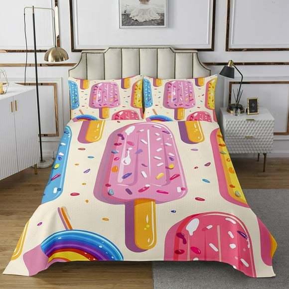 YST Colorful Popsicle Twin Quilt Set,Cute Rainbow Popsicle Bedding Set for Kids Girls Boys Kawaii Room Decor,Watercolor Candy Dessert Bedspread Food Theme Quilts Bed Set 2Pcs