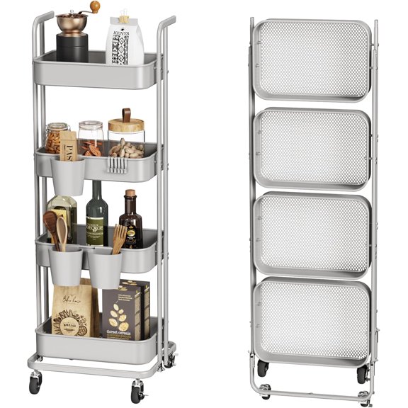 4 Tier Foldable Rolling Cart, Metal Utility Cart with Lockable Wheels, Folding Storage Trolley for Living Room, Kitchen, Bathroom, Bedroom and Office, Gray