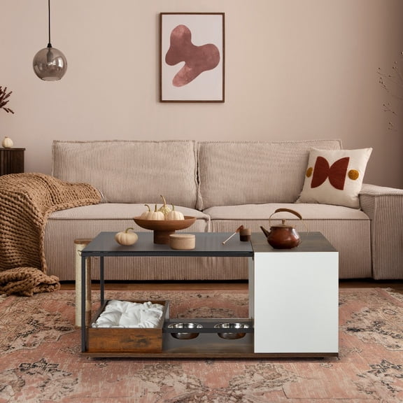 Indoor Cat Coffee Table with Feeding Station, Multi-Functional End Table Featuring Scratching Post, Storage Space & Cozy Cat Bed