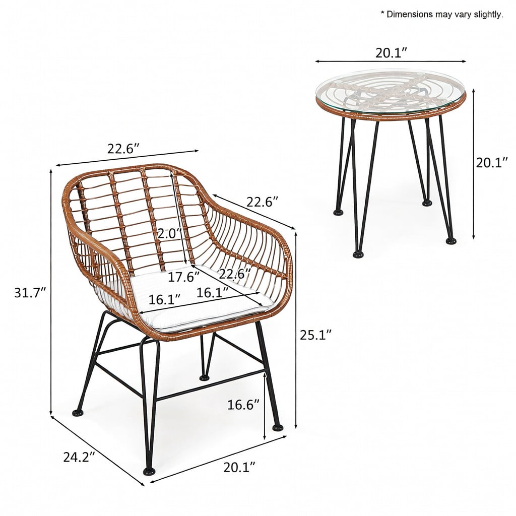 Hommoo 3-Piece Outdoor Rattan Bistro Set with Cushions, Brown Wicker, Tempered Glass Table & Removable Cushions for Patio, Balcony, Poolside, Turquoise