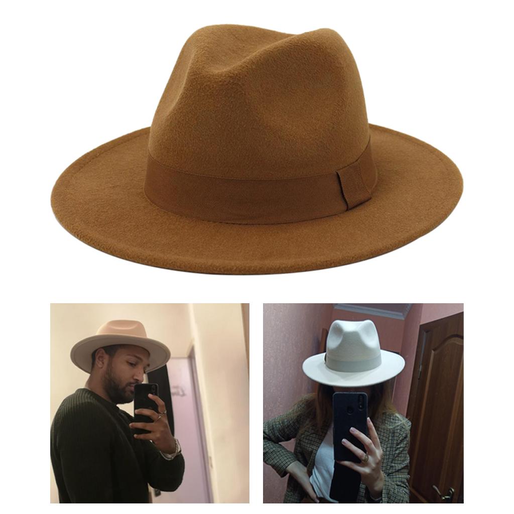 Felt Wide Brim Fedora Hat Women Men Adjustable Belt Ribbon Stylish Accessory LADYBRO Fedora Hats for Women Wide Brim Hat, Incld 3 Decor  main image 4