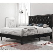 Einfach Queen Platform Bed Frame with Diamond Stitched Button Tufted Headboard, Black, Faux leather