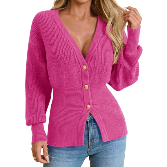 Deep V-neck Women Solid Button Down Slim Knit Cardigan Coat Sweater