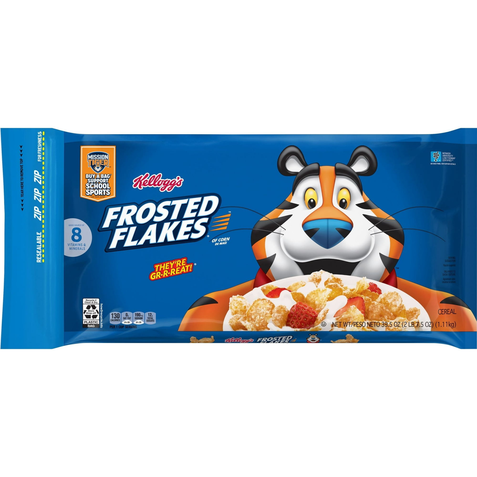 Kellogg's Frosted Flakes Cold Breakfast Cereal, 8 Vitamins and Minerals, Kids Snacks, Original, 39.5oz Bag (1 Bag)pack of 2