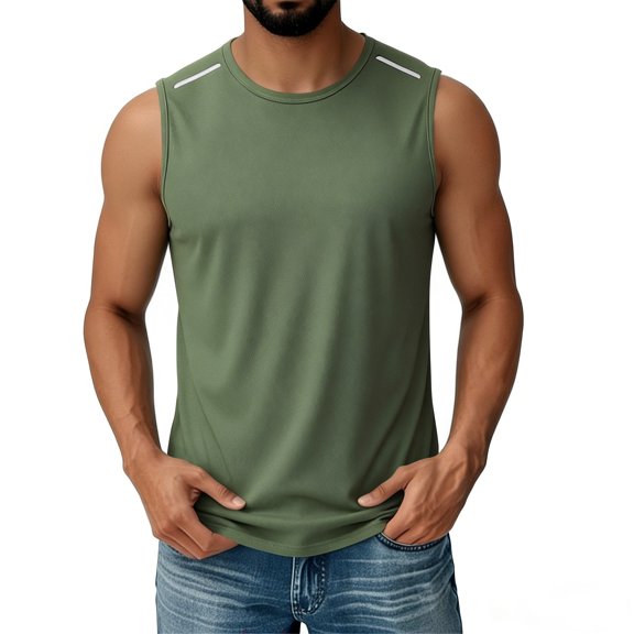 Men'S Solid Color Sleeveless Tank Top Breathable Mesh Athletic Shirt With Reflective Stripes For Running Workout Gym And Daily Training Activities Tank,Army Green,XXXL
