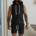 thumbnail image 6 of FRSASU Men's Jacquard Knitted 2 Piece Outfits Summer Hooded Sleeveless Tank and Drawstring Casual Track Shorts Set with Pockets Black, 6 of 9