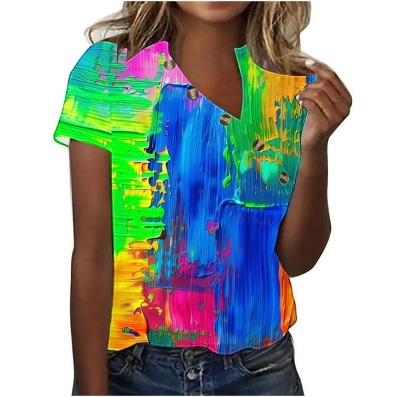 HaoXianJian Plus Size Womens Shirt Short Sleeve Button Crew Neck Shirt Colorful Print Top for Women 2025 Loose Fits T Shirt Summer Tee Shirts Going Out Top 4X 5X