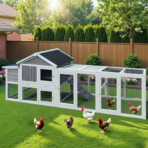 MIDOQIN 118" Large Wooden Chicken Coop, Outdoor Mobile Hen House Poultry Cage with Free-range Doors, Nesting Box & Leakproof Pull-on Tray