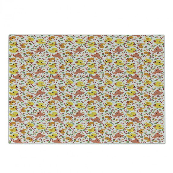 Animal Cutting Board, Children with Kitties Birds Baby Chickens Flowers Berries Spring Cartoon, Decorative Tempered Glass Cutting and Serving Board, in 3 Sizes, by Ambesonne