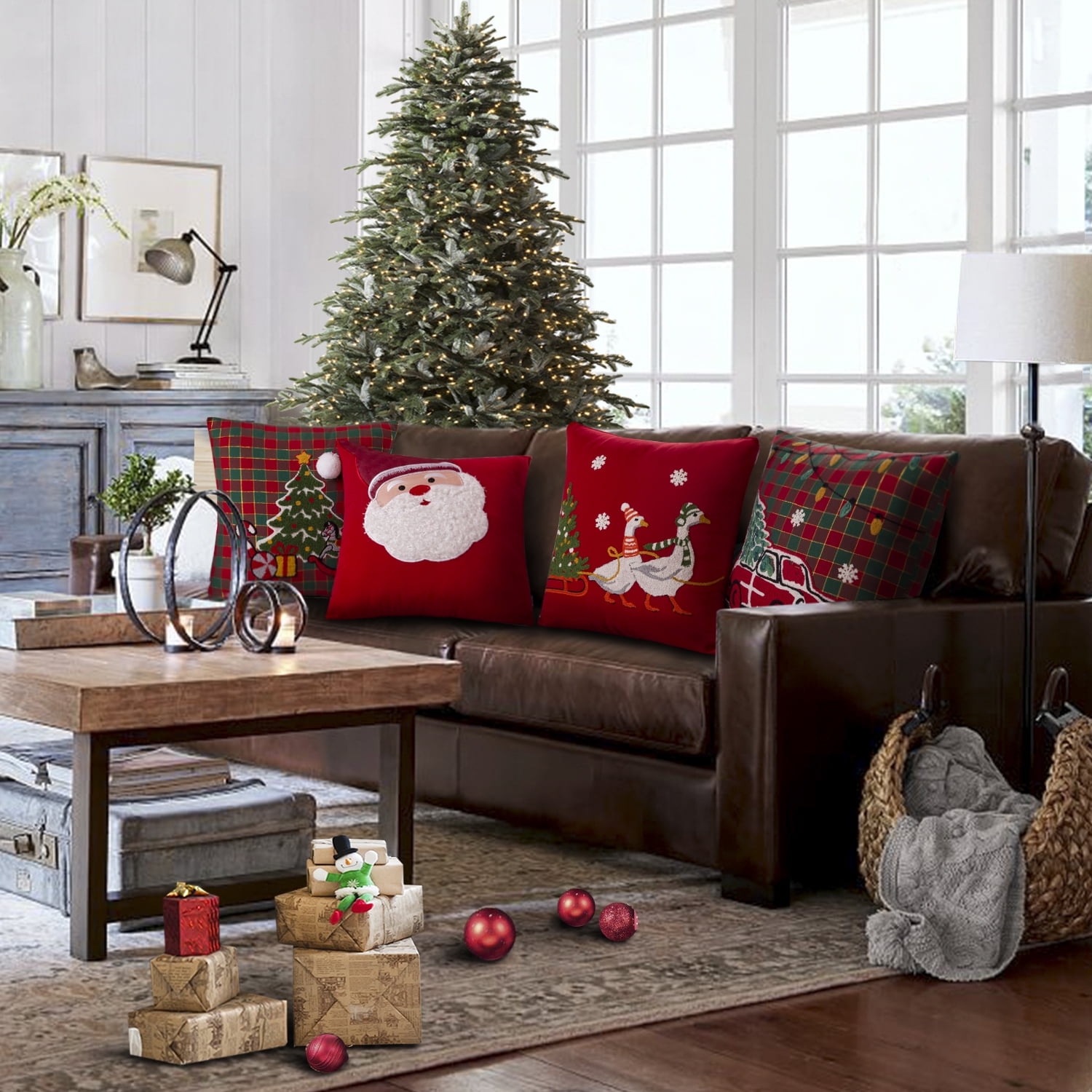 Phantoscope Christmas Holiday Series Cotton Embroidered Santa Tree and Red Car Decorative Throw Pillow Cover,Santa Claus and Goose,18" x 18", Set of 4