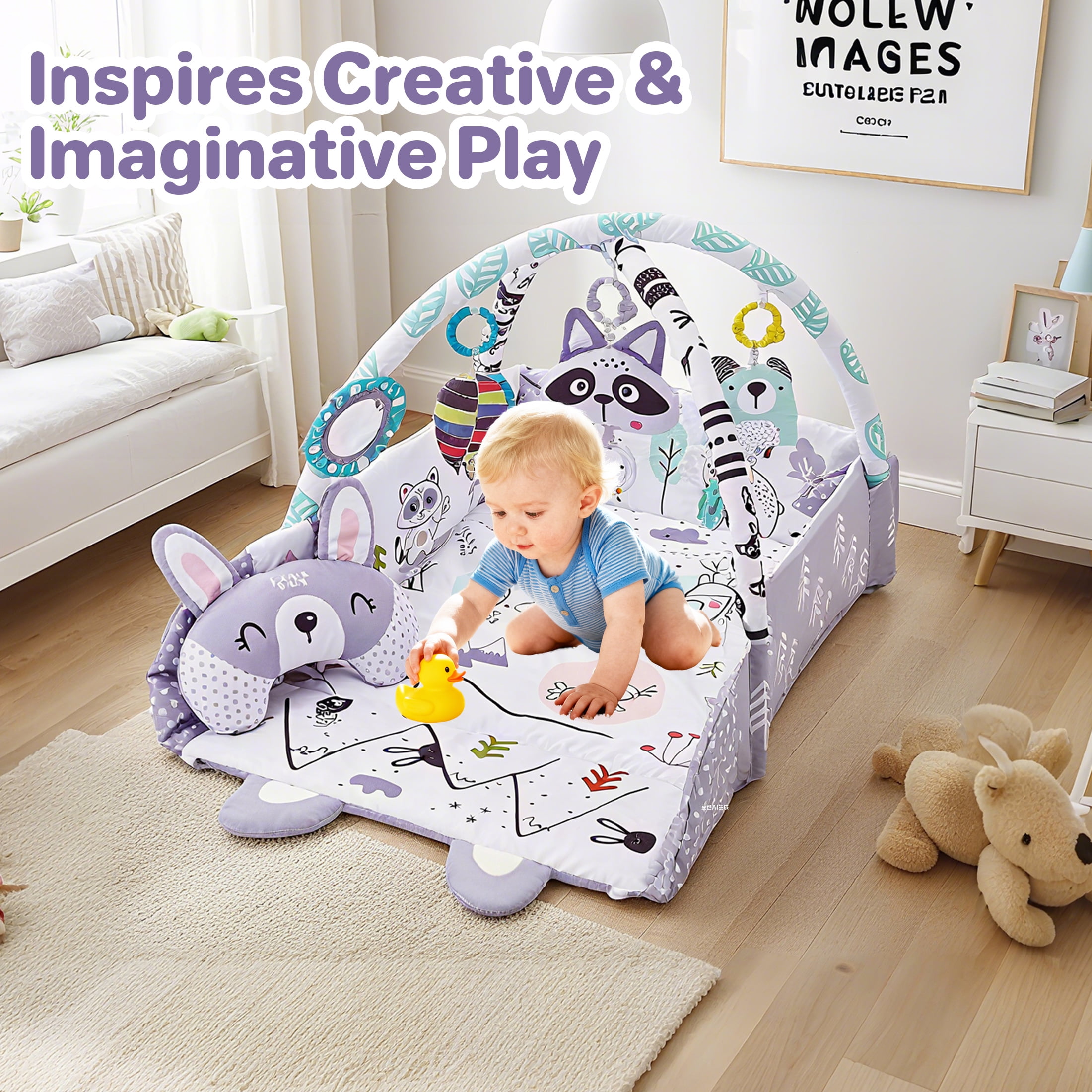 KOPPOP 4-in-1 Baby Activity Gym & Tummy Time Play Mat, Infant Sensory Toys for Motor Skill Development, Purple