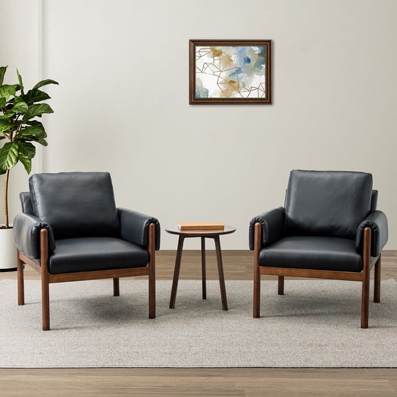 Faux Leather Accent Chair Set of 2 Removable Backrest Upholstered Arm Cushio PU Chairs Solid Wood Legs Reading Lounge Sofa Bedroom Black