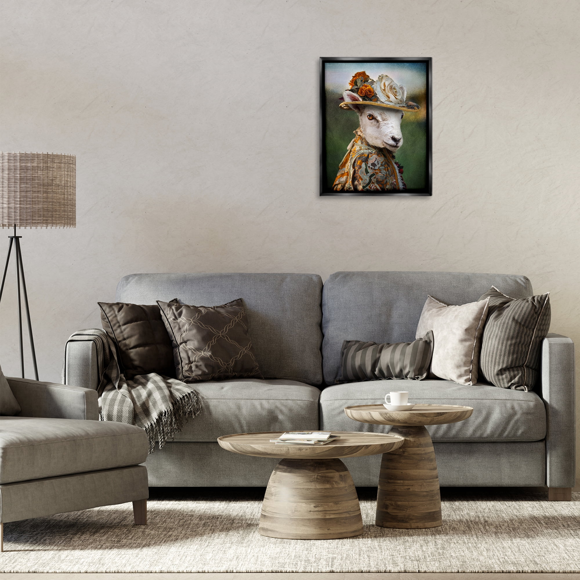 Stupell Industries Fashionable Sheep Portrait Animals & Insects Painting Black Floater Framed Canvas Art Print Wall Art, 17 x 21