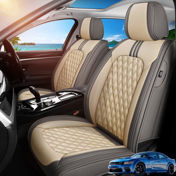Front Seat Covers Fit for Dodge/Chevrolet Charger 2006-2023, Premium Faux Leather Waterproof Breathable Anti‑Slip Seat Protectors, Gray&Beige