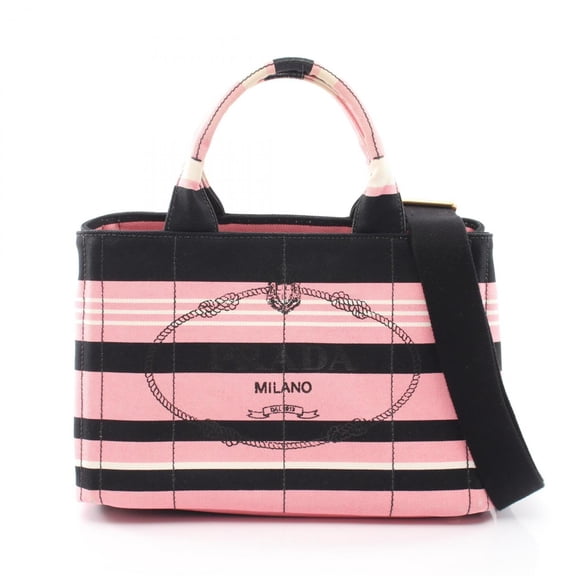 Pre-Owned Prada CANAPA RIGHE 2-Way Tote Bag/Handbag, Canvas, Women's, Pink/Black