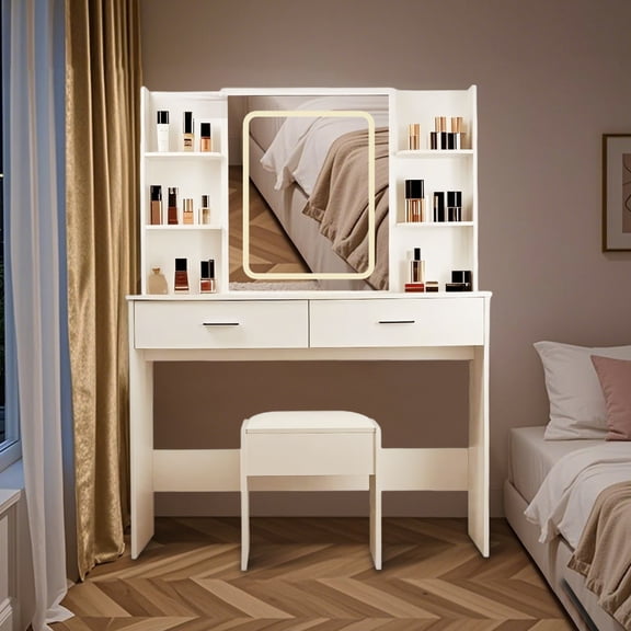 42.5" White Vanity Desk with Lighted Mirror, 3-Color Adjustable Lighting, 2 Drawers & 6 Storage Shelves, Makeup Vanity Set with Power Outlet & Cushioned Stool for Bedroom