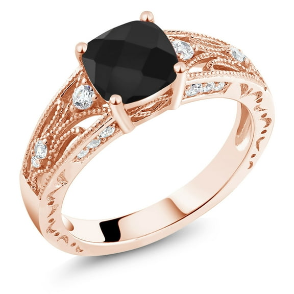 Gem Stone King 1.08 Ct Cushion Checkerboard Black Onyx 18K Rose Gold Plated Silver Ring (Size 5)