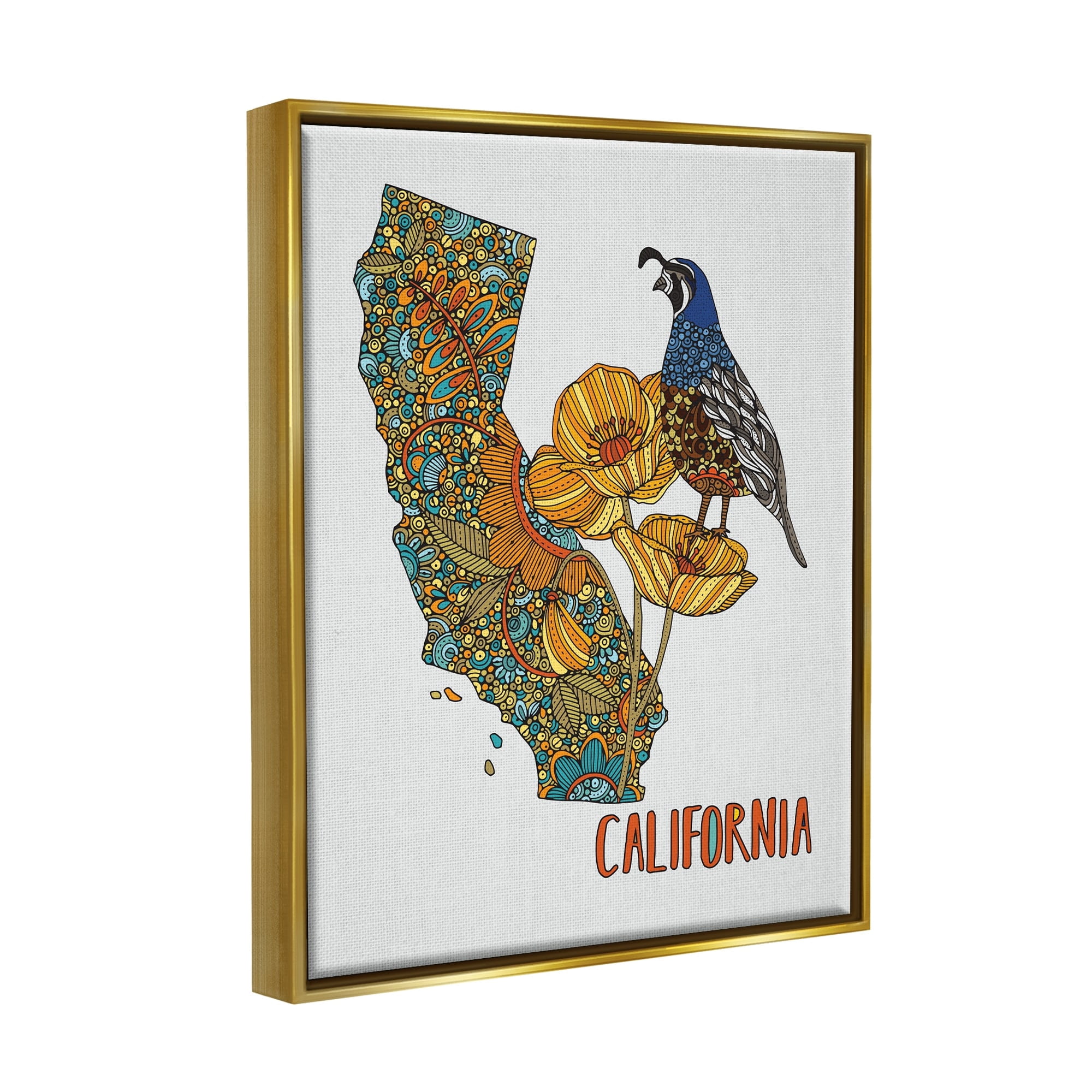 Stupell Industries California State Poppy Flowers Quail Bird Floral Details Graphic Art Metallic Gold Floating Framed Canvas Print Wall Art, Design by Valentina Harper
