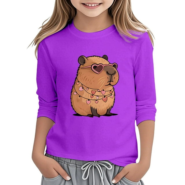 HUANBAI Hauts Décontractés à Manches Longues pour Filles Imprimé Capybara Col Rond T-Shirts pour Usage Quotidien École Activités Extérieures Tissu Doux Confortable Tenue 3-12 Ans Chemises pour Tout-Petits 4-5 Ans