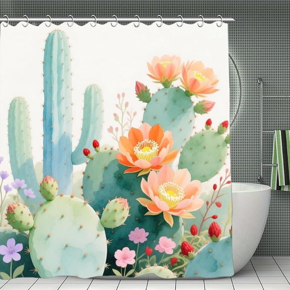 Cactus,Green Flowers And Plants Print Shower Curtain,Modern Fabric Waterproof Shower Curtain Set with Hooks 70.8×70.8Inch (180×180cm)