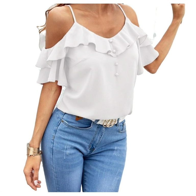 White ruffle top cold shoulder top