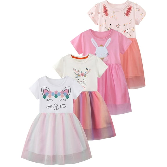 WIBACKER 2-7T Toddler and Little Girls Cotton Tulle Skirt Dress Summer Princess Dresses Easter - 1Pcs Flower Rabbit