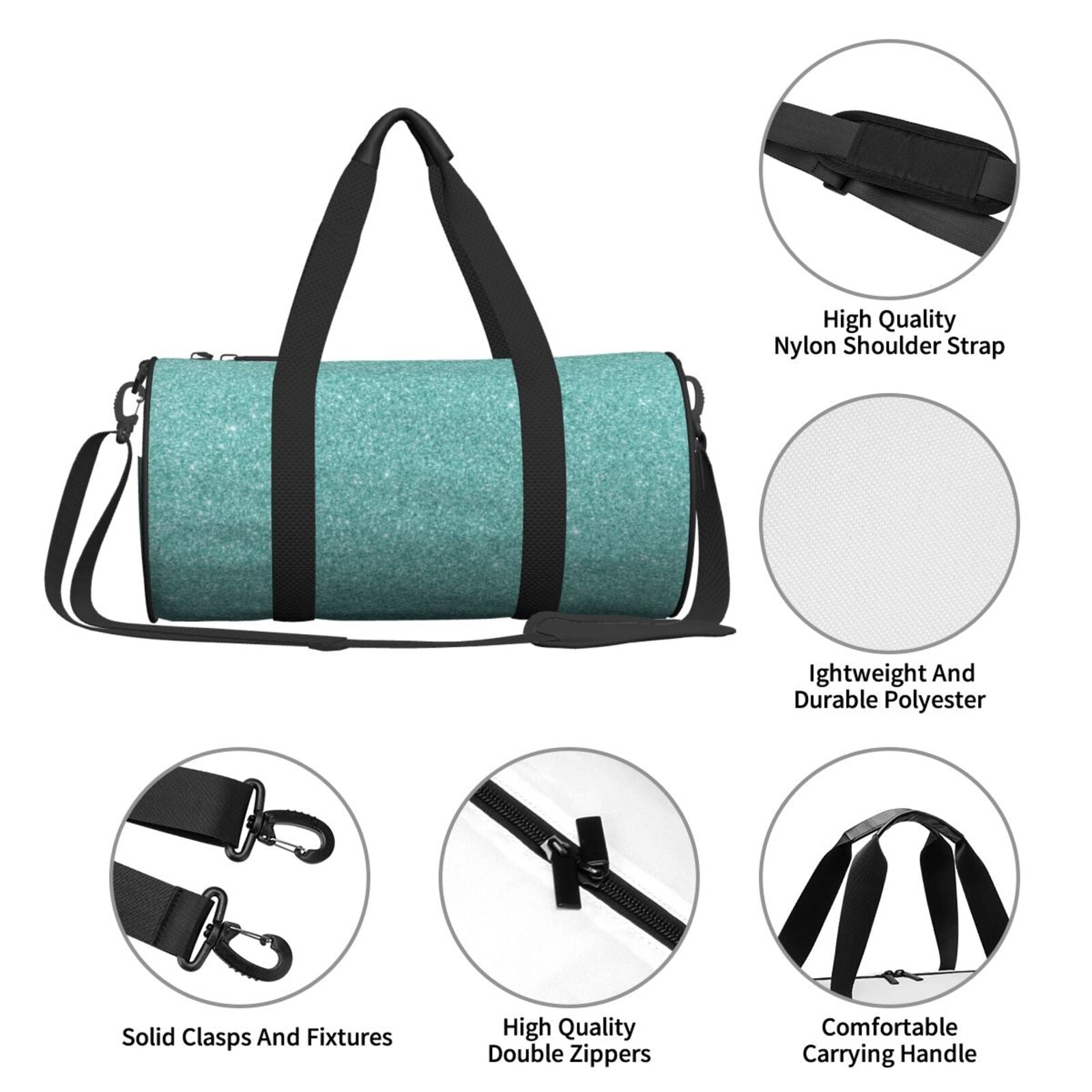 Defioc Teal Green Glitter for Travel Duffle Bag,Weekender Bag Carry On Tote Bags Hospital Bag Large Capacity Sport Gym Bag for Men Women Fit for Trave, Gym,Weekend
