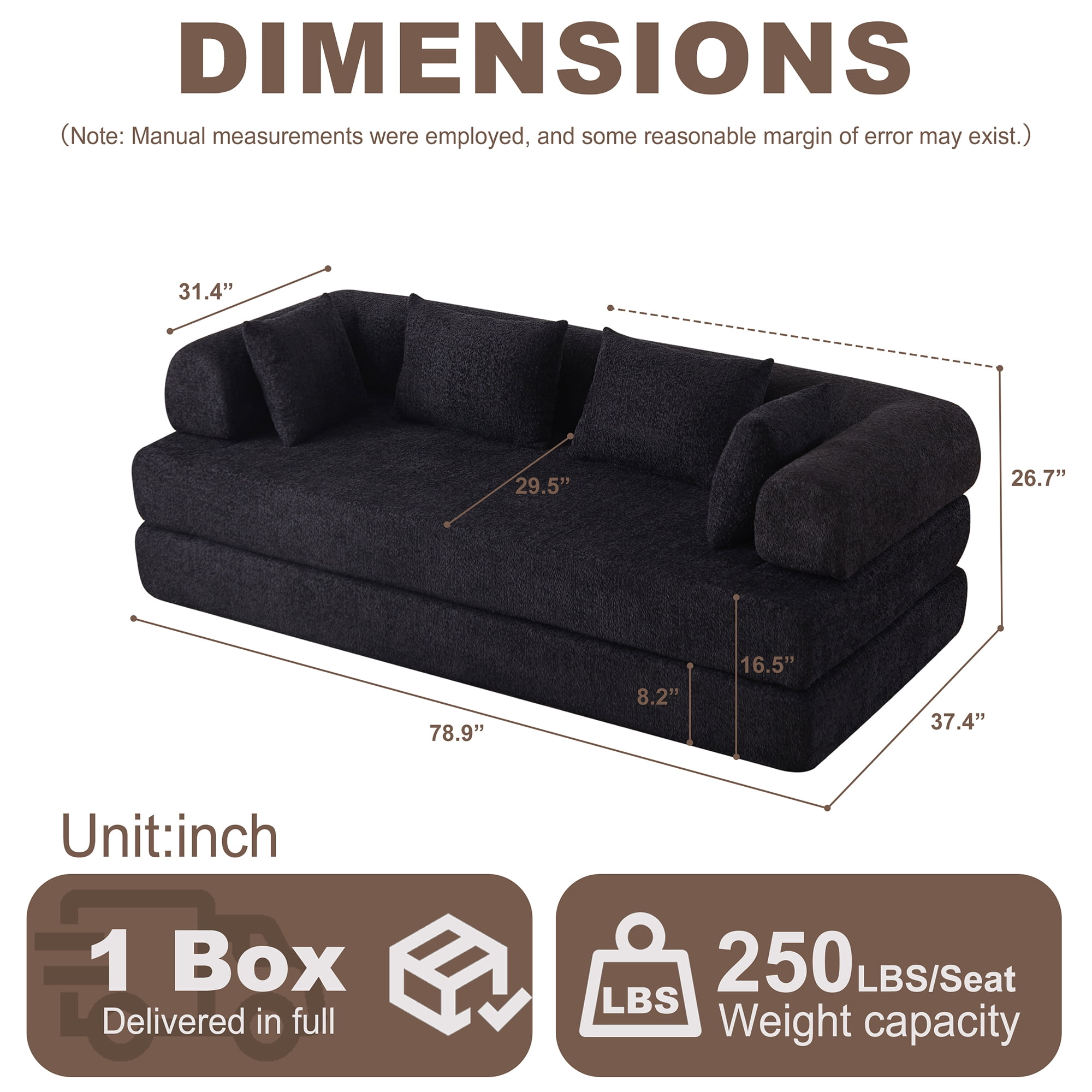 Sleeper Sofa 78.9 Inch with Chenille Fabric and Modular Design, Convertible Floor Sofa Bed and Folding Mattress Couch with Removable Armrests, Black