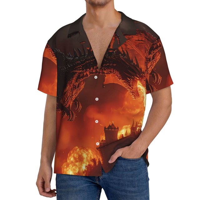 Balery Fiery Dragons Castle Attack Camisa Casual de Manga Corta con Botones para Hombre, Texturizada, Estilo Cubano, para Playa, Verano-X-Large
