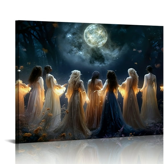 Vintage Halloween The Forest Witches Canvas Wall Art Painting ，Gothic Print Pictures for Home Wall Decor Horror Creepy Dark Posters for Living Room Bedroom Bar Home Halloween Party Decor Framed