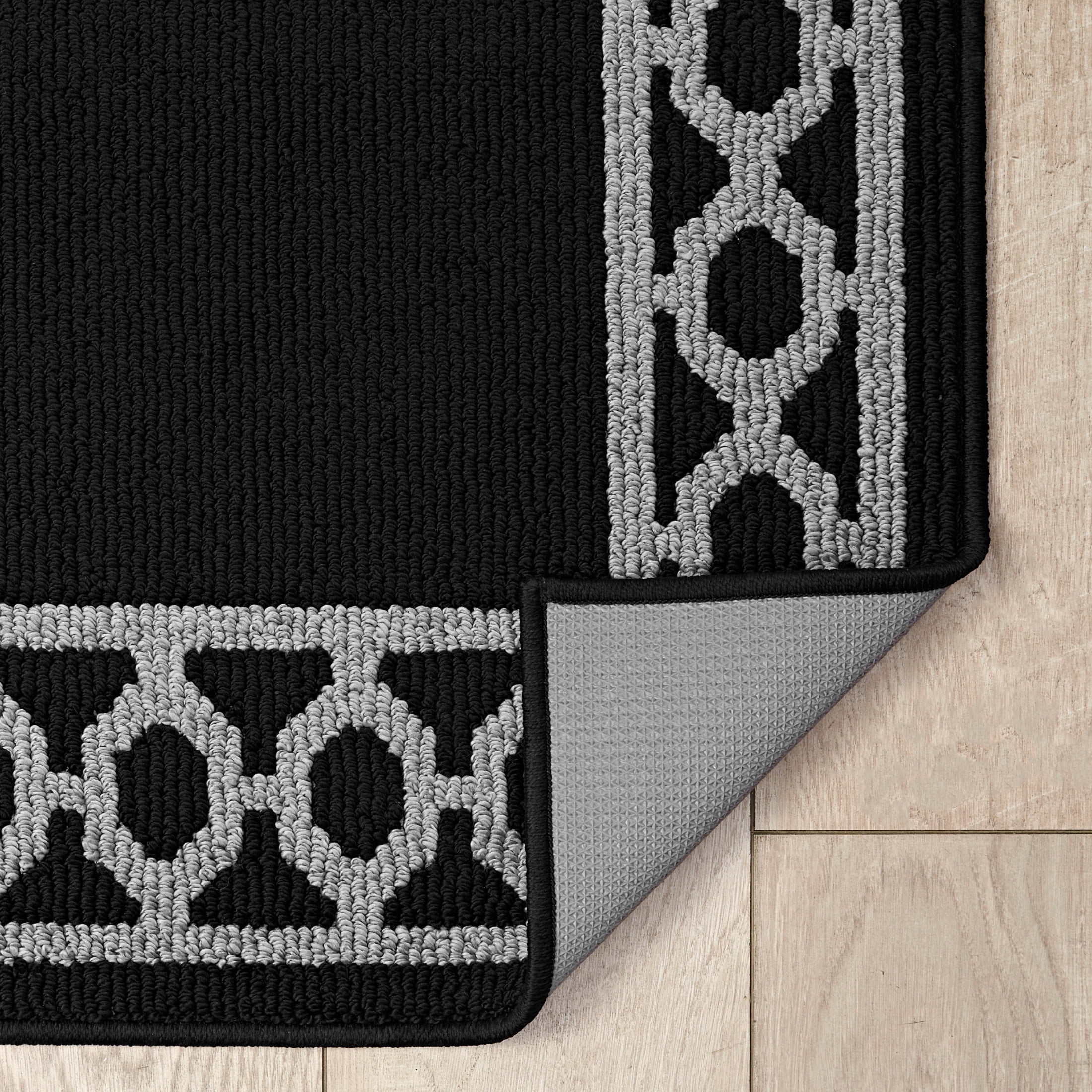 Washable Skid-Resistant Runner Rug, Trellis Border , Black and Twisted Grey , 26" x 45"