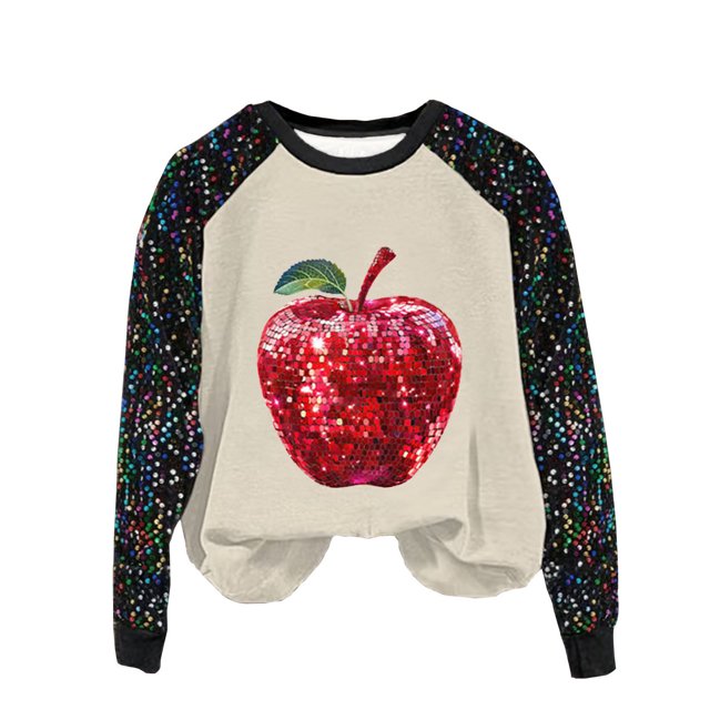 Pisexur Sweatshirts de Noël pour Femmes Mode Vacances Imprimé Graphique Pomme Rouge Pull Décontracté Manches Longues Col Rond Chandails en Molleton Amples Confortables Automne pour Femmes